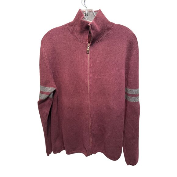 Gap Mens Full-Zip Burgundy Sweater With Gray Stripes On Sleeves - Picture 7 of 12